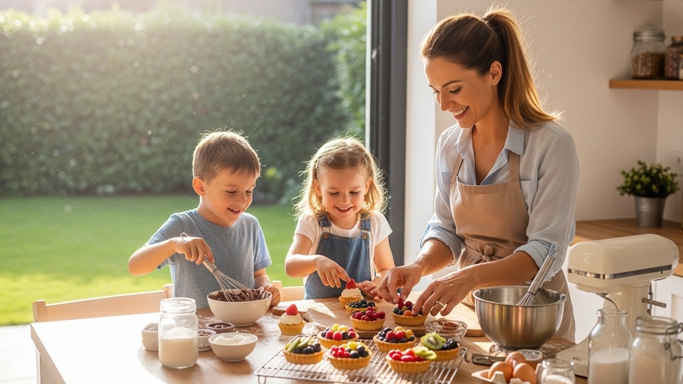 Mamá cocinando con sus hijos